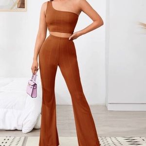 Ribbed One Shoulder Crop Top & Flare Pants Set